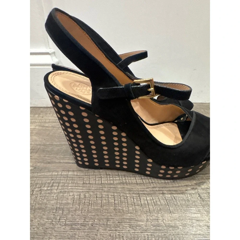 Tory Burch Black Suede Polka Dot Wedge Platform Sandals Ankle Strap Peep Toe